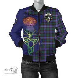 Scottish Hunter Modern Tartan Family Crest with Thistle and Scotland Map Tartan Plaid Bomber Jacket Scottish Plaid Tartan Plaid - ScotsTee - scotstee.com