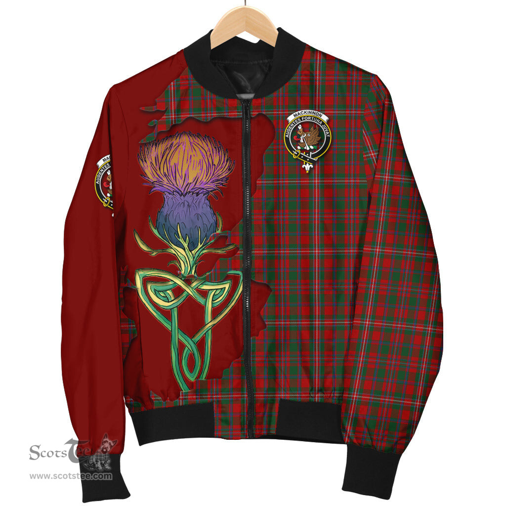 Scottish MacKinnon Tartan Family Crest with Thistle and Scotland Map Tartan Plaid Bomber Jacket Scottish Plaid Tartan Plaid - ScotsTee - scotstee.com