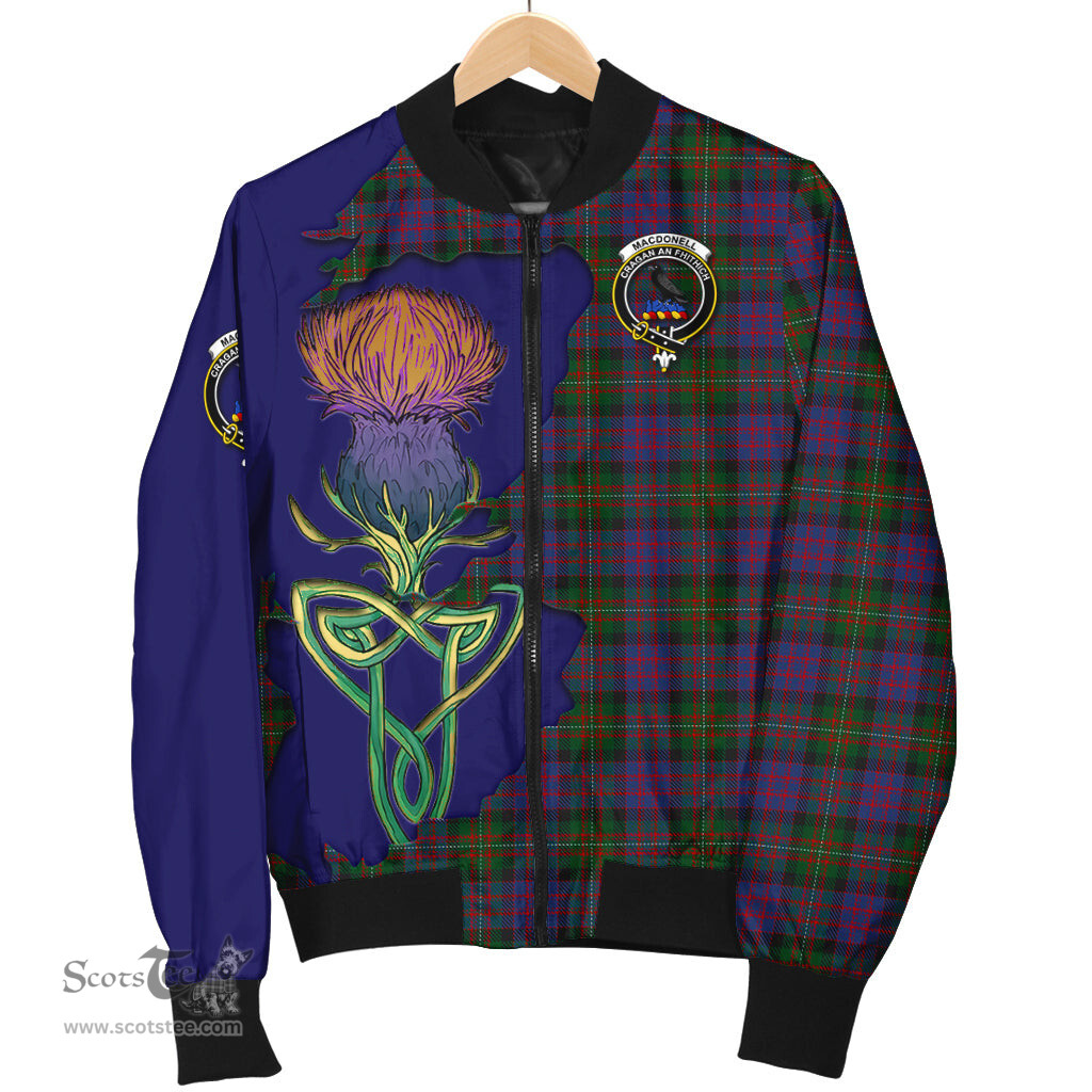 Scottish MacDonell of Glengarry Tartan Family Crest with Thistle and Scotland Map Tartan Plaid Bomber Jacket Scottish Plaid Tartan Plaid - ScotsTee - scotstee.com