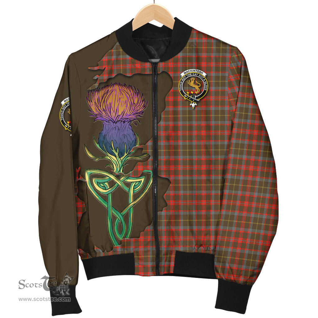 Scottish MacKintosh Hunting Weathered Tartan Family Crest with Thistle and Scotland Map Tartan Plaid Bomber Jacket Scottish Plaid Tartan Plaid - ScotsTee - scotstee.com