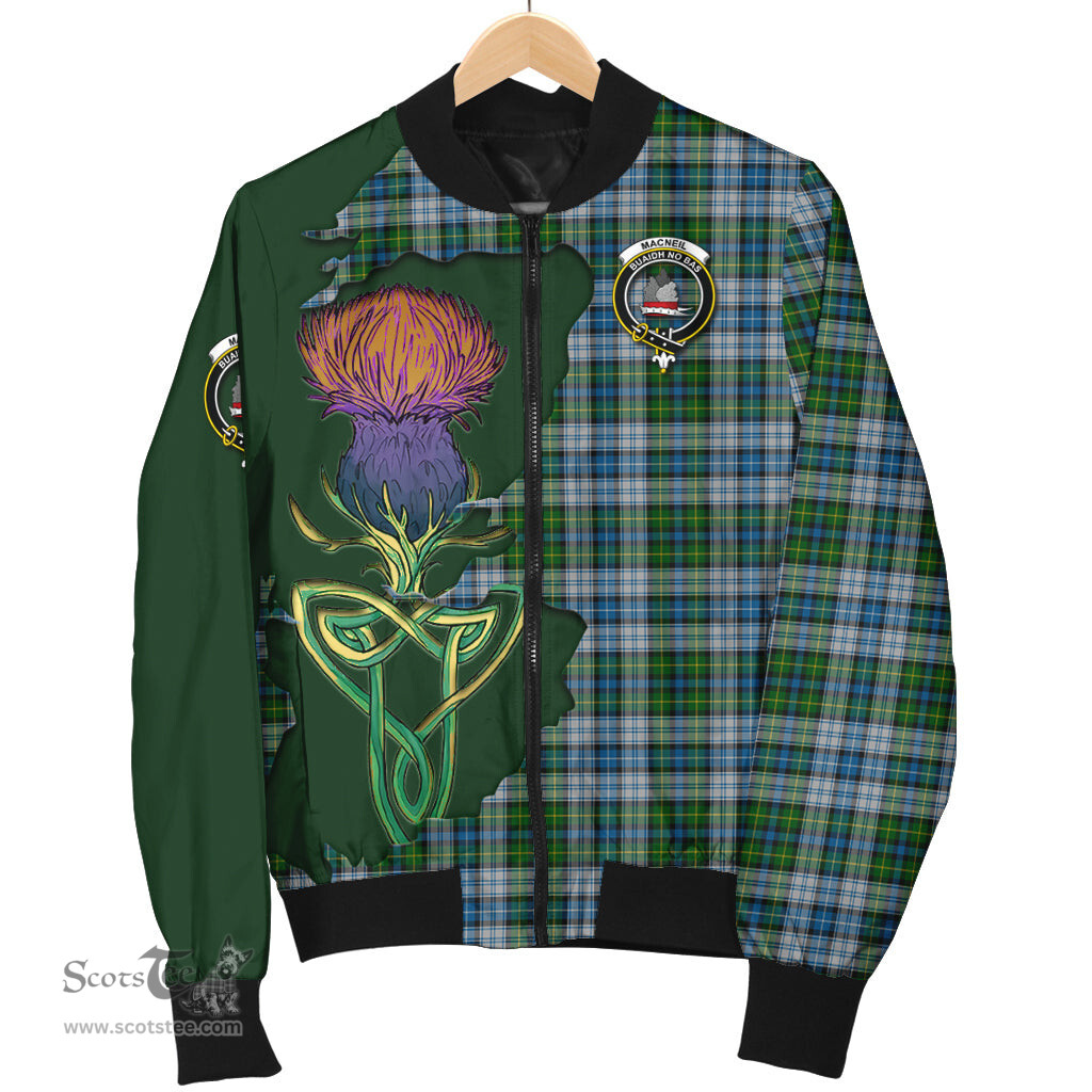 Scottish MacNeil Dress Tartan Family Crest with Thistle and Scotland Map Tartan Plaid Bomber Jacket Scottish Plaid Tartan Plaid - ScotsTee - scotstee.com