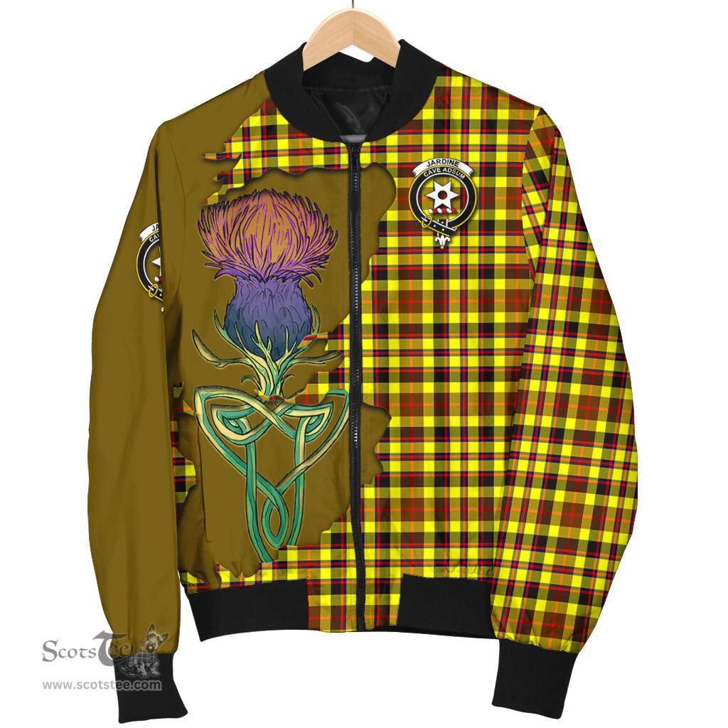 Scottish Jardine Modern Tartan Family Crest with Thistle and Scotland Map Tartan Plaid Bomber Jacket Scottish Plaid Tartan Plaid - ScotsTee - scotstee.com