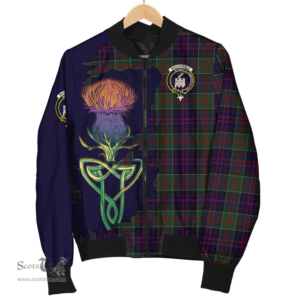 Scottish MacDonald of Clan Ranald Tartan Family Crest with Thistle and Scotland Map Tartan Plaid Bomber Jacket Scottish Plaid Tartan Plaid - ScotsTee - scotstee.com