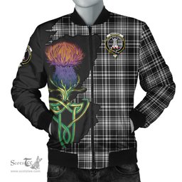 Scottish MacLean Black and White Tartan Family Crest with Thistle and Scotland Map Tartan Plaid Bomber Jacket Scottish Plaid Tartan Plaid - ScotsTee - scotstee.com