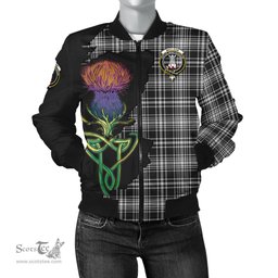 Scottish MacLean Black and White Tartan Family Crest with Thistle and Scotland Map Tartan Plaid Bomber Jacket Scottish Plaid Tartan Plaid - ScotsTee - scotstee.com