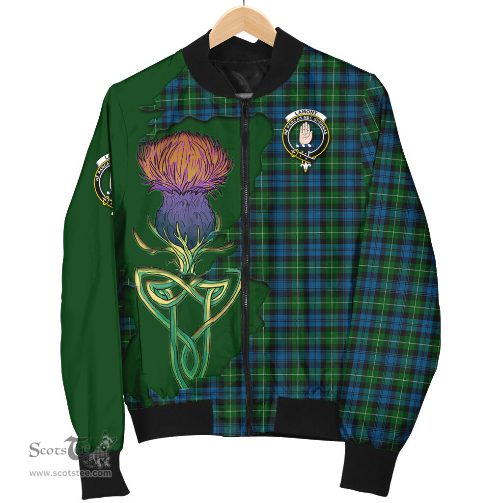 Scottish Lamont Tartan Family Crest with Thistle and Scotland Map Tartan Plaid Bomber Jacket Scottish Plaid Tartan Plaid - ScotsTee - scotstee.com