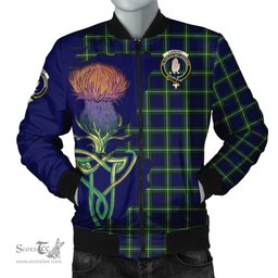 Scottish Lamont Modern Tartan Family Crest with Thistle and Scotland Map Tartan Plaid Bomber Jacket Scottish Plaid Tartan Plaid - ScotsTee - scotstee.com