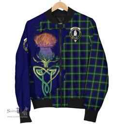 Scottish Lamont Modern Tartan Family Crest with Thistle and Scotland Map Tartan Plaid Bomber Jacket Scottish Plaid Tartan Plaid - ScotsTee - scotstee.com