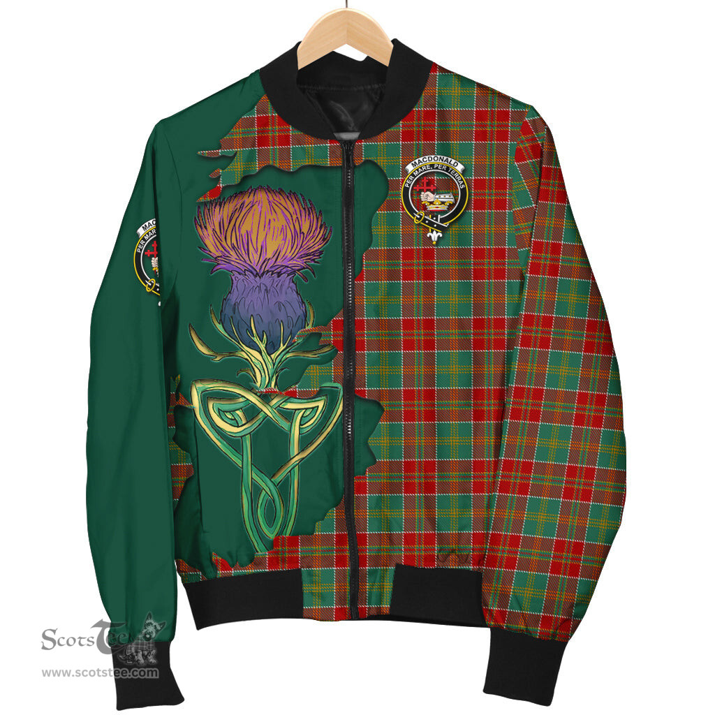 Scottish MacDonald of Kingsburgh Tartan Family Crest with Thistle and Scotland Map Tartan Plaid Bomber Jacket Scottish Plaid Tartan Plaid - ScotsTee - scotstee.com