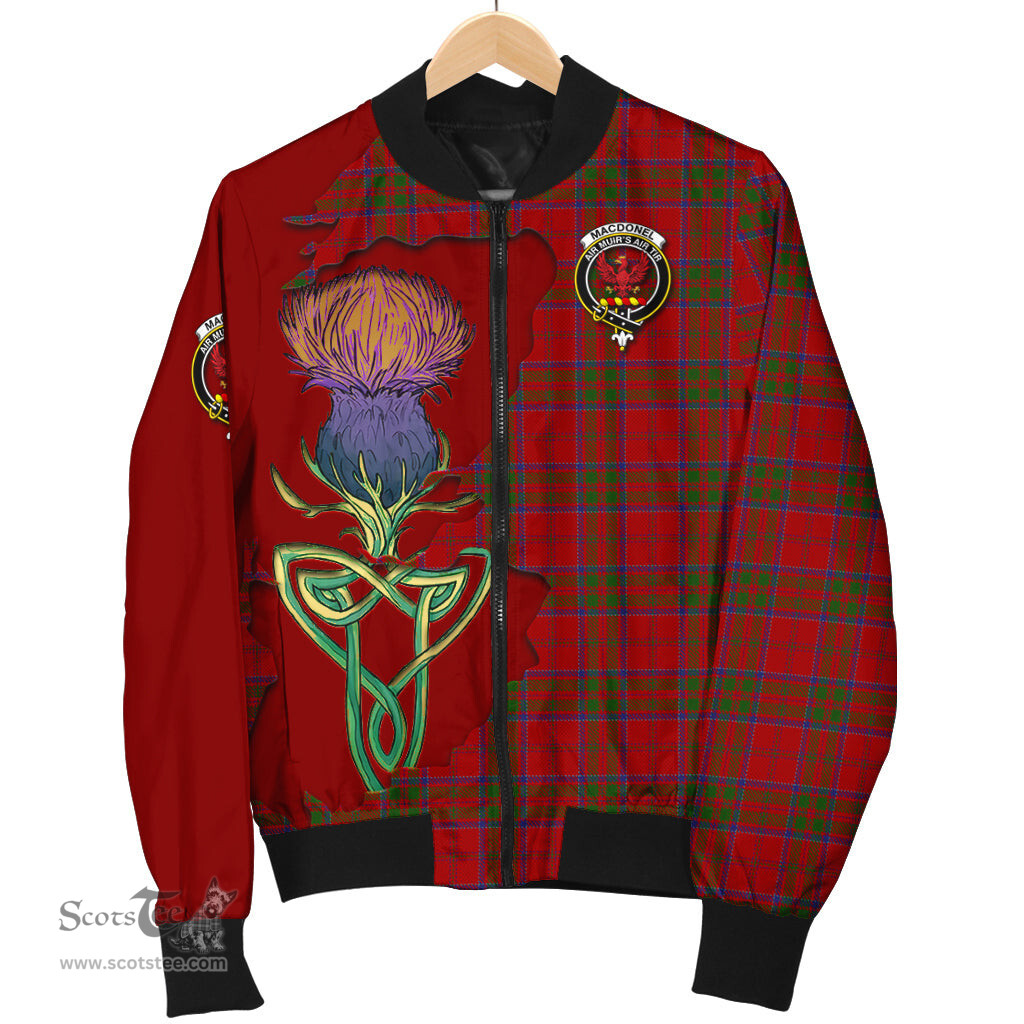 Scottish MacDonell of Keppoch Tartan Family Crest with Thistle and Scotland Map Tartan Plaid Bomber Jacket Scottish Plaid Tartan Plaid - ScotsTee - scotstee.com