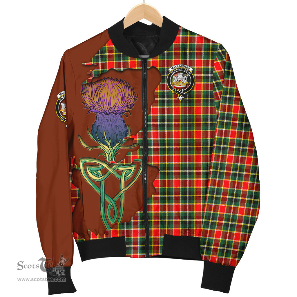 Scottish MacLachlan Hunting Modern Tartan Family Crest with Thistle and Scotland Map Tartan Plaid Bomber Jacket Scottish Plaid Tartan Plaid - ScotsTee - scotstee.com