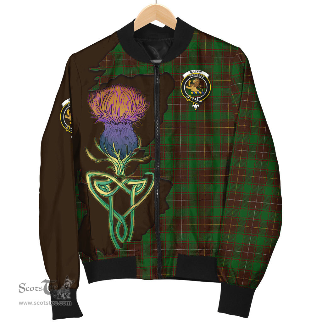 Scottish MacFie Hunting Tartan Family Crest with Thistle and Scotland Map Tartan Plaid Bomber Jacket Scottish Plaid Tartan Plaid - ScotsTee - scotstee.com