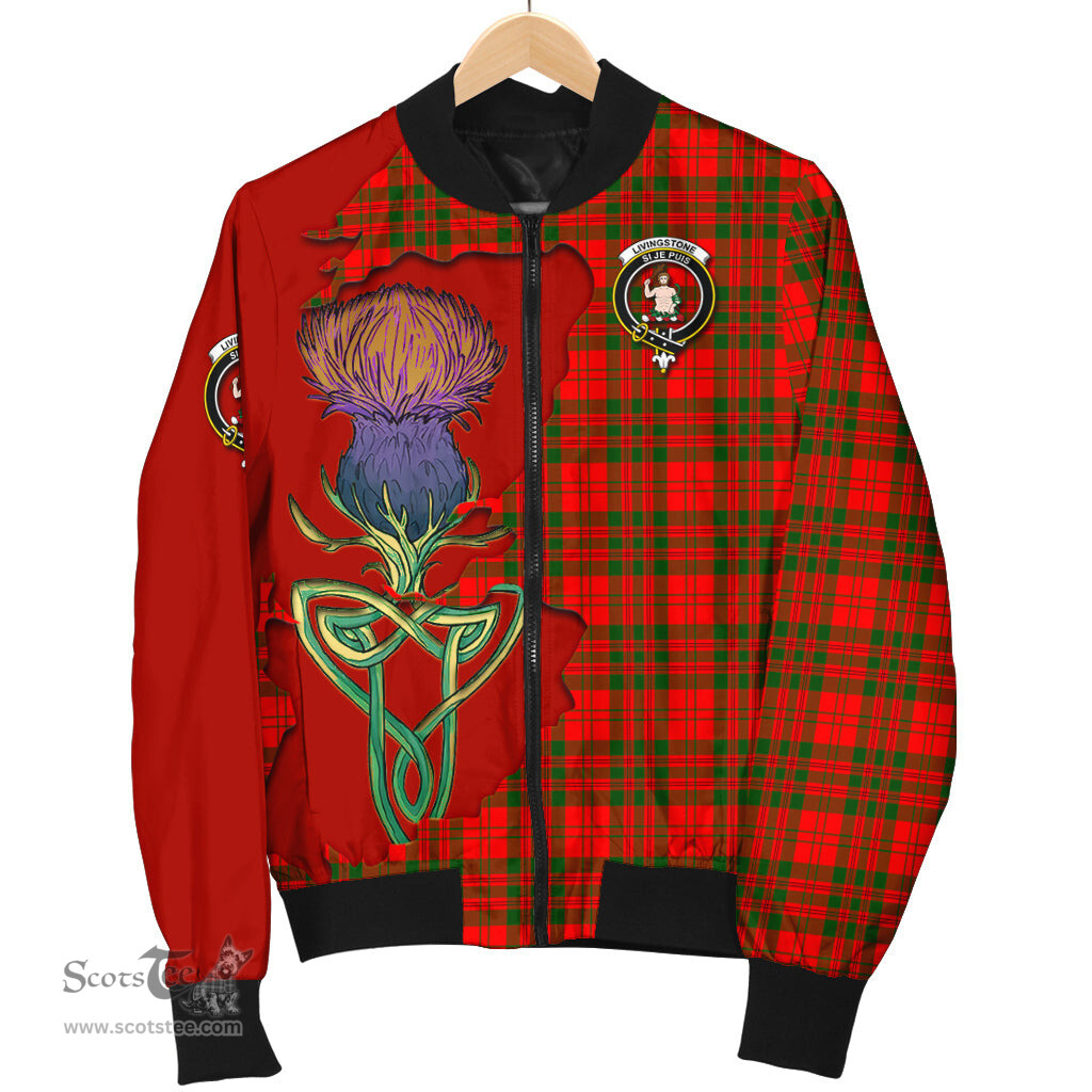 Scottish Livingston Modern Tartan Family Crest with Thistle and Scotland Map Tartan Plaid Bomber Jacket Scottish Plaid Tartan Plaid - ScotsTee - scotstee.com