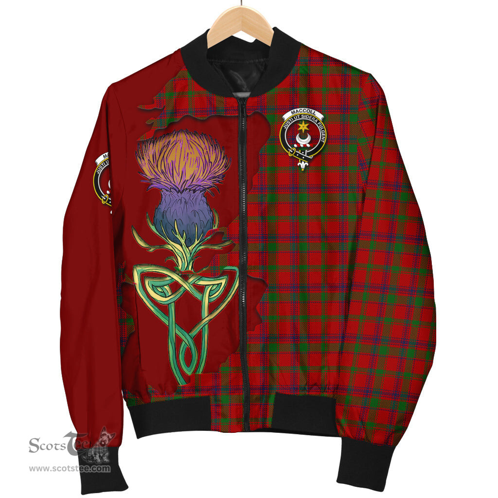 Scottish MacColl Tartan Family Crest with Thistle and Scotland Map Tartan Plaid Bomber Jacket Scottish Plaid Tartan Plaid - ScotsTee - scotstee.com