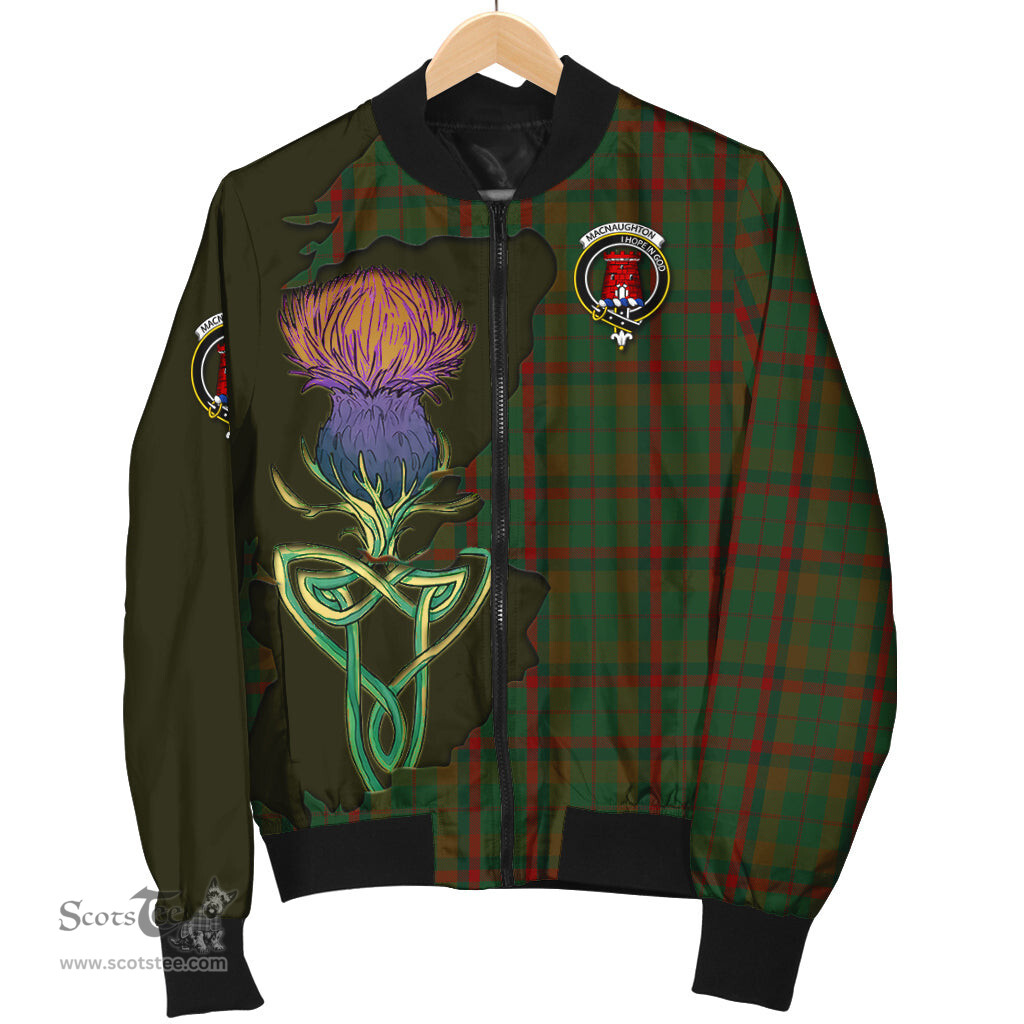 Scottish Macnaughton Hunting Tartan Family Crest with Thistle and Scotland Map Tartan Plaid Bomber Jacket Scottish Plaid Tartan Plaid - ScotsTee - scotstee.com