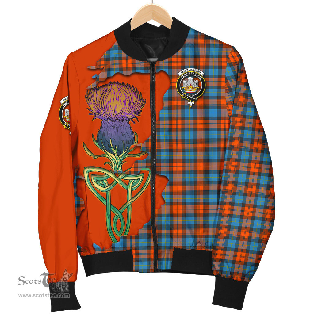 Scottish MacLachlan Ancient Tartan Family Crest with Thistle and Scotland Map Tartan Plaid Bomber Jacket Scottish Plaid Tartan Plaid - ScotsTee - scotstee.com