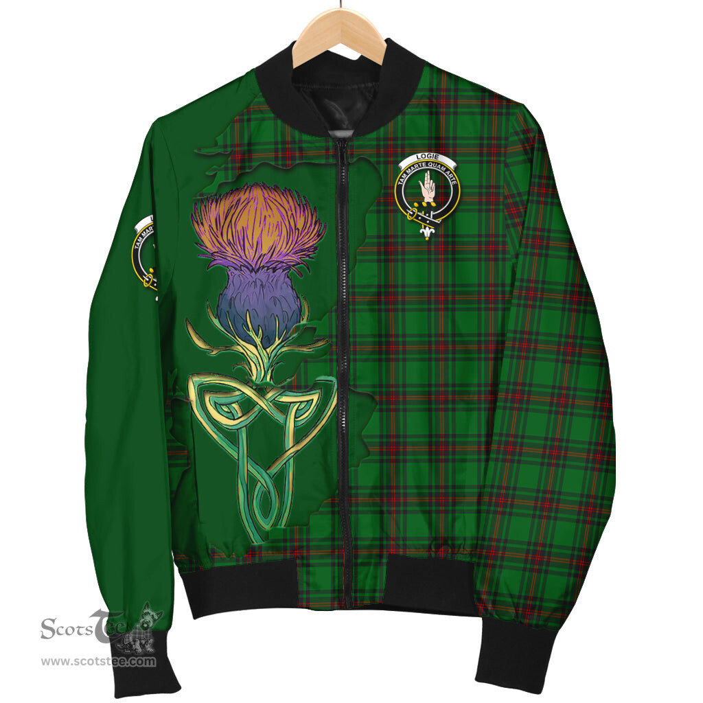 Scottish Logie Tartan Family Crest with Thistle and Scotland Map Tartan Plaid Bomber Jacket Scottish Plaid Tartan Plaid - ScotsTee - scotstee.com