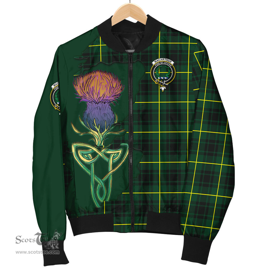 Scottish MacArthur Modern Tartan Family Crest with Thistle and Scotland Map Tartan Plaid Bomber Jacket Scottish Plaid Tartan Plaid - ScotsTee - scotstee.com