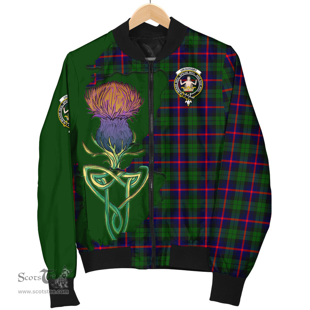 Scottish Urquhart Modern Tartan Family Crest with Thistle and Scotland Map Tartan Plaid Bomber Jacket Scottish Plaid Tartan Plaid - ScotsTee - scotstee.com
