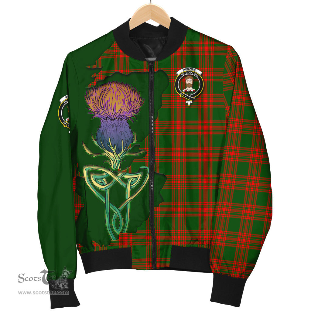 Scottish Menzies Green Modern Tartan Family Crest with Thistle and Scotland Map Tartan Plaid Bomber Jacket Scottish Plaid Tartan Plaid - ScotsTee - scotstee.com