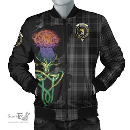 Scottish Stewart Mourning Tartan Family Crest with Thistle and Scotland Map Tartan Plaid Bomber Jacket Scottish Plaid Tartan Plaid - ScotsTee - scotstee.com