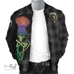 Scottish Stewart Mourning Tartan Family Crest with Thistle and Scotland Map Tartan Plaid Bomber Jacket Scottish Plaid Tartan Plaid - ScotsTee - scotstee.com