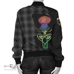 Scottish Stewart Mourning Tartan Family Crest with Thistle and Scotland Map Tartan Plaid Bomber Jacket Scottish Plaid Tartan Plaid - ScotsTee - scotstee.com