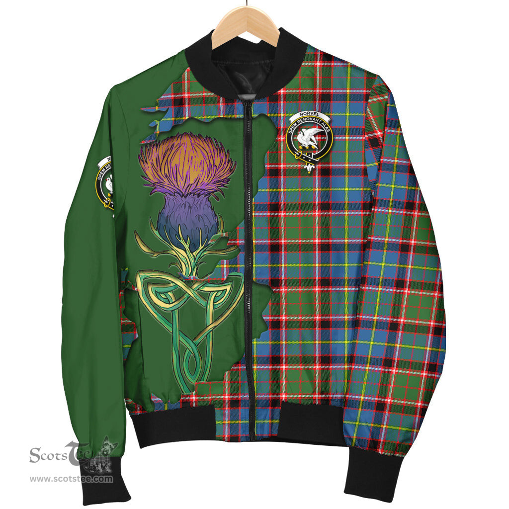 Scottish Norvel Tartan Family Crest with Thistle and Scotland Map Tartan Plaid Bomber Jacket Scottish Plaid Tartan Plaid - ScotsTee - scotstee.com