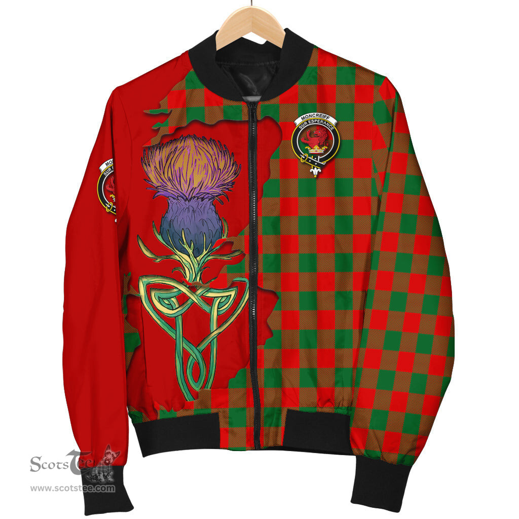 Scottish Moncrieff Modern Tartan Family Crest with Thistle and Scotland Map Tartan Plaid Bomber Jacket Scottish Plaid Tartan Plaid - ScotsTee - scotstee.com