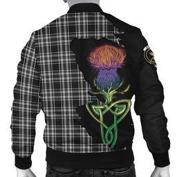 Scottish Stewart Black and White Tartan Family Crest with Thistle and Scotland Map Tartan Plaid Bomber Jacket Scottish Plaid Tartan Plaid - ScotsTee - scotstee.com
