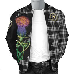 Scottish Stewart Black and White Tartan Family Crest with Thistle and Scotland Map Tartan Plaid Bomber Jacket Scottish Plaid Tartan Plaid - ScotsTee - scotstee.com