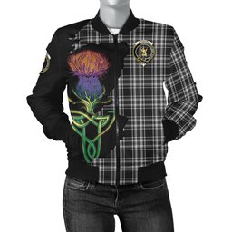 Scottish Stewart Black and White Tartan Family Crest with Thistle and Scotland Map Tartan Plaid Bomber Jacket Scottish Plaid Tartan Plaid - ScotsTee - scotstee.com