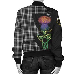 Scottish Stewart Black and White Tartan Family Crest with Thistle and Scotland Map Tartan Plaid Bomber Jacket Scottish Plaid Tartan Plaid - ScotsTee - scotstee.com