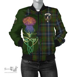 Scottish MacRae Hunting Tartan Family Crest with Thistle and Scotland Map Tartan Plaid Bomber Jacket Scottish Plaid Tartan Plaid - ScotsTee - scotstee.com