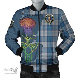 Scottish Menzies Dress Blue and White Tartan Family Crest with Thistle and Scotland Map Tartan Plaid Bomber Jacket Scottish Plaid Tartan Plaid - ScotsTee - scotstee.com