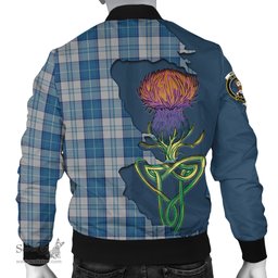 Scottish Menzies Dress Blue and White Tartan Family Crest with Thistle and Scotland Map Tartan Plaid Bomber Jacket Scottish Plaid Tartan Plaid - ScotsTee - scotstee.com