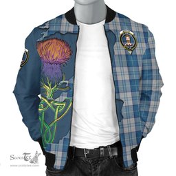 Scottish Menzies Dress Blue and White Tartan Family Crest with Thistle and Scotland Map Tartan Plaid Bomber Jacket Scottish Plaid Tartan Plaid - ScotsTee - scotstee.com