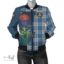 Scottish Menzies Dress Blue and White Tartan Family Crest with Thistle and Scotland Map Tartan Plaid Bomber Jacket Scottish Plaid Tartan Plaid - ScotsTee - scotstee.com
