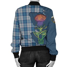 Scottish Menzies Dress Blue and White Tartan Family Crest with Thistle and Scotland Map Tartan Plaid Bomber Jacket Scottish Plaid Tartan Plaid - ScotsTee - scotstee.com