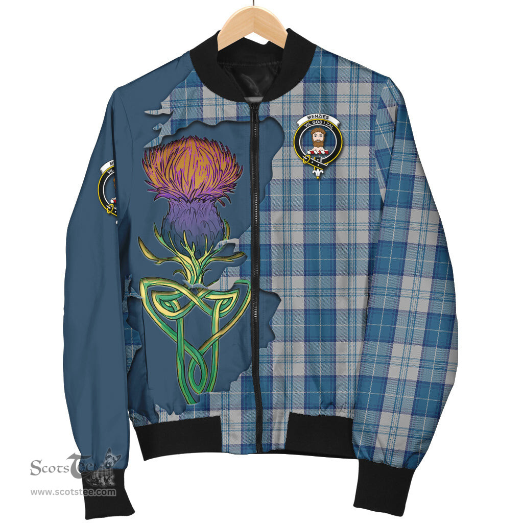 Scottish Menzies Dress Blue and White Tartan Family Crest with Thistle and Scotland Map Tartan Plaid Bomber Jacket Scottish Plaid Tartan Plaid - ScotsTee - scotstee.com