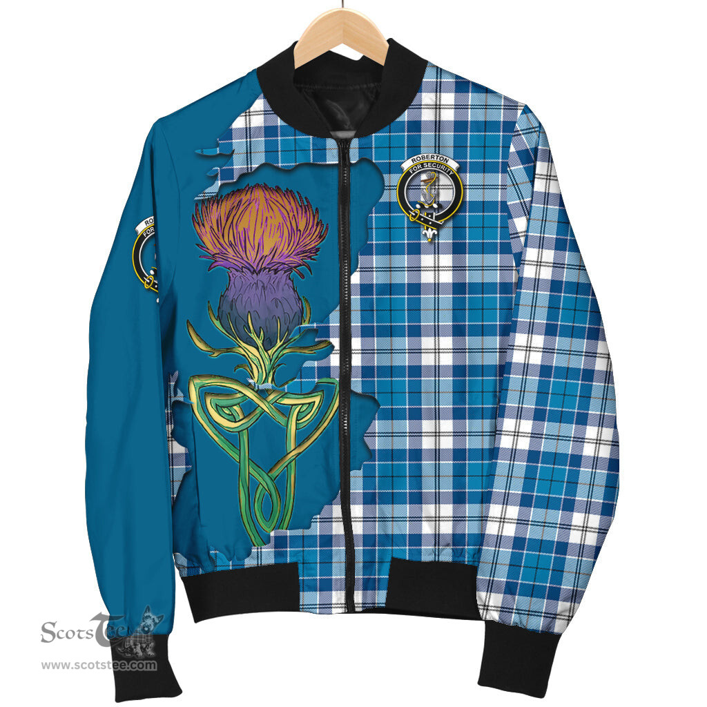 Scottish Roberton Tartan Family Crest with Thistle and Scotland Map Tartan Plaid Bomber Jacket Scottish Plaid Tartan Plaid - ScotsTee - scotstee.com