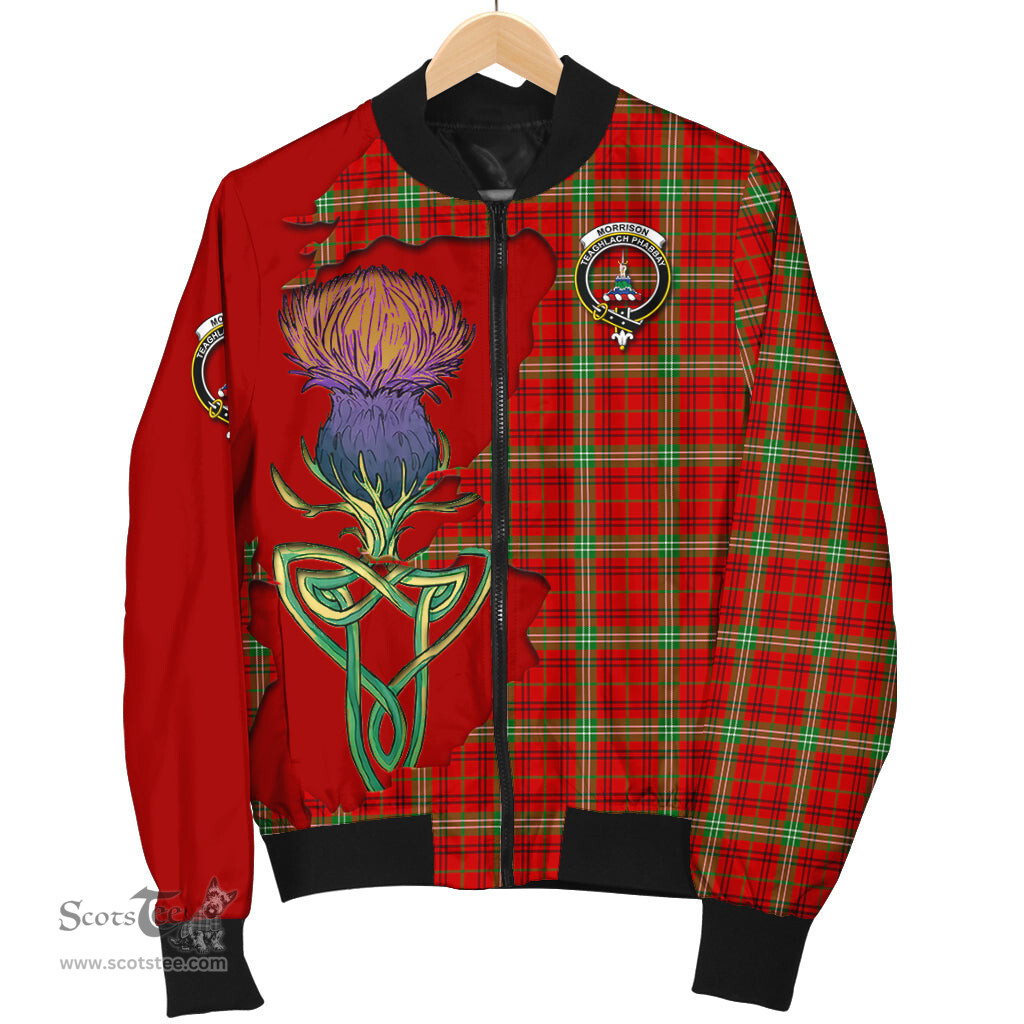 Scottish Morrison Red Modern Tartan Family Crest with Thistle and Scotland Map Tartan Plaid Bomber Jacket Scottish Plaid Tartan Plaid - ScotsTee - scotstee.com