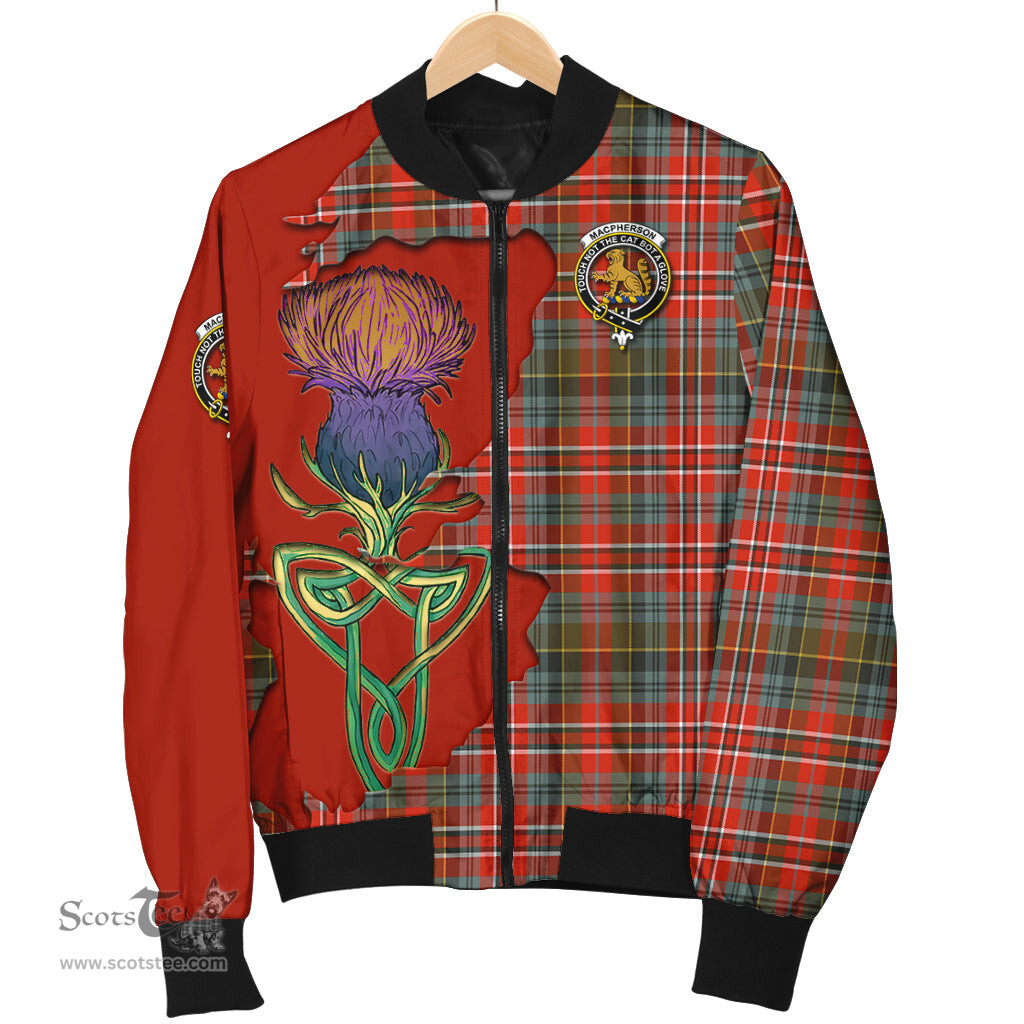 Scottish MacPherson Weathered Tartan Family Crest with Thistle and Scotland Map Tartan Plaid Bomber Jacket Scottish Plaid Tartan Plaid - ScotsTee - scotstee.com