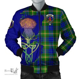 Scottish Maitland Tartan Family Crest with Thistle and Scotland Map Tartan Plaid Bomber Jacket Scottish Plaid Tartan Plaid - ScotsTee - scotstee.com