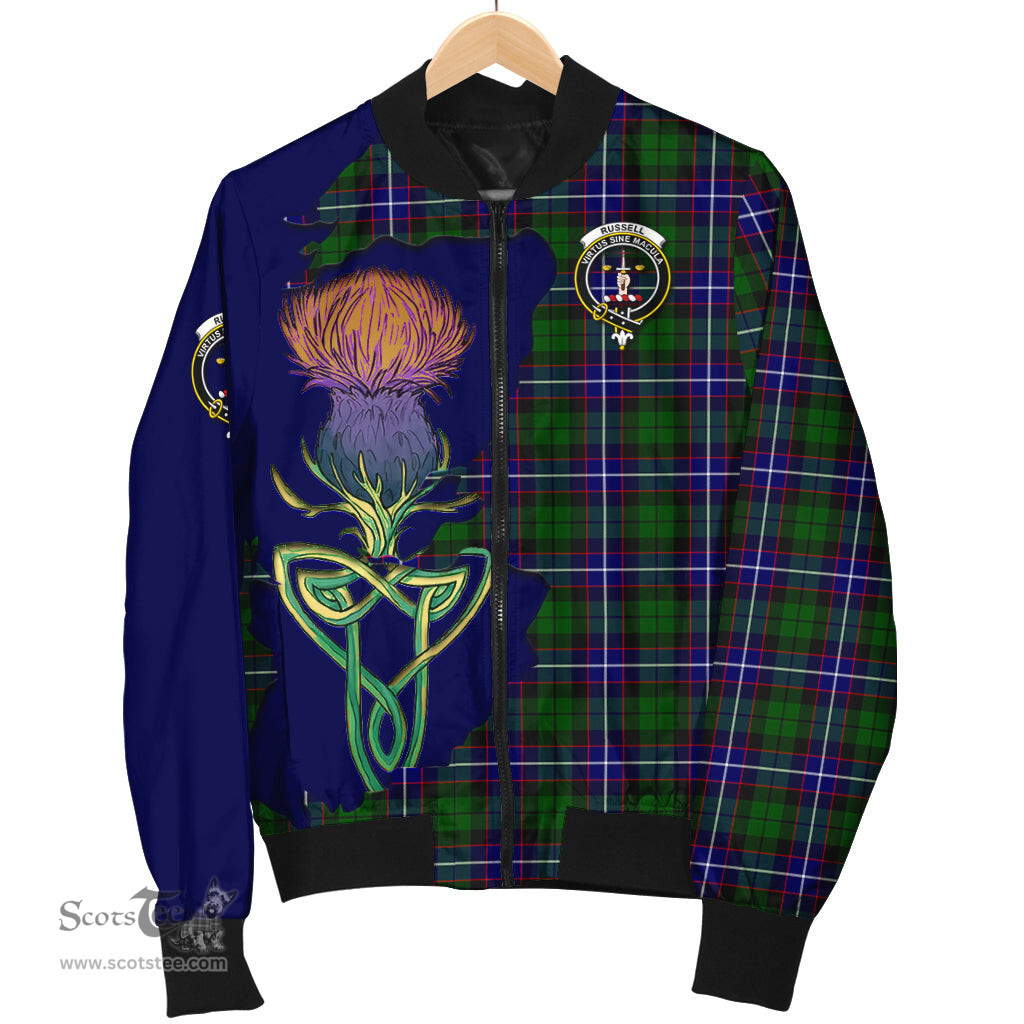 Scottish Russell Modern Tartan Family Crest with Thistle and Scotland Map Tartan Plaid Bomber Jacket Scottish Plaid Tartan Plaid - ScotsTee - scotstee.com
