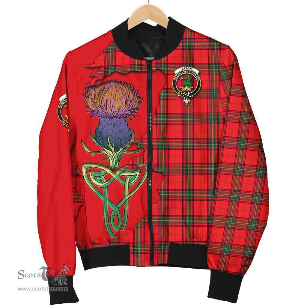 Scottish Seton Modern Tartan Family Crest with Thistle and Scotland Map Tartan Plaid Bomber Jacket Scottish Plaid Tartan Plaid - ScotsTee - scotstee.com