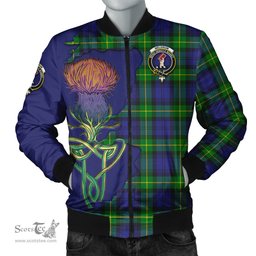 Scottish Meldrum Tartan Family Crest with Thistle and Scotland Map Tartan Plaid Bomber Jacket Scottish Plaid Tartan Plaid - ScotsTee - scotstee.com