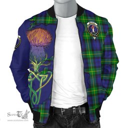 Scottish Meldrum Tartan Family Crest with Thistle and Scotland Map Tartan Plaid Bomber Jacket Scottish Plaid Tartan Plaid - ScotsTee - scotstee.com