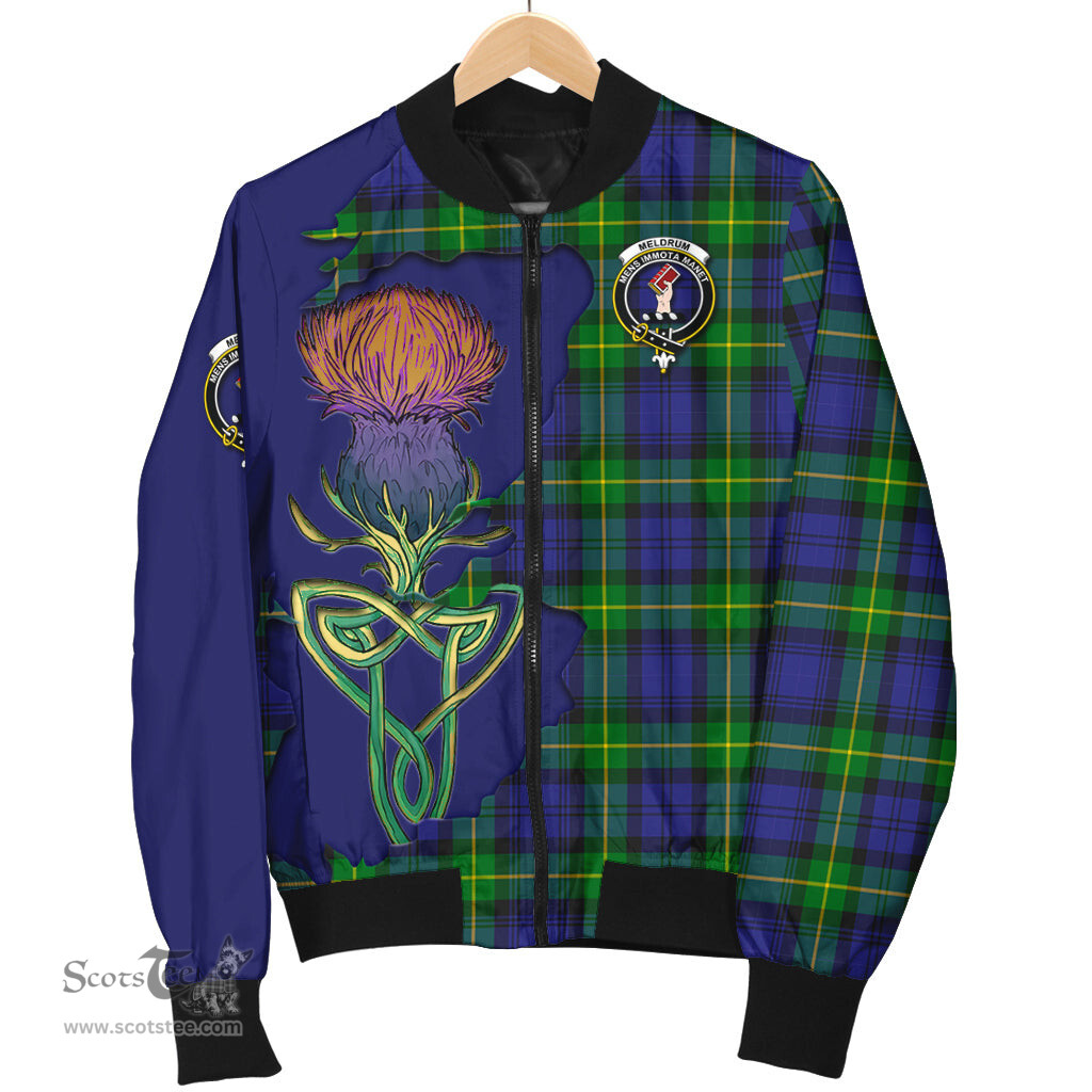 Scottish Meldrum Tartan Family Crest with Thistle and Scotland Map Tartan Plaid Bomber Jacket Scottish Plaid Tartan Plaid - ScotsTee - scotstee.com