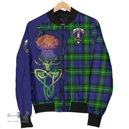 Scottish Meldrum Tartan Family Crest with Thistle and Scotland Map Tartan Plaid Bomber Jacket Scottish Plaid Tartan Plaid - ScotsTee - scotstee.com